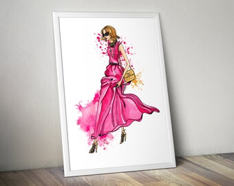 Pôster de ilustração de moda, arte de parede rosa, presente para fashionista, impressão em aquarela de garota fashion