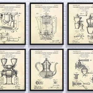 Arte de pared para preparar café, regalo para amantes del café, póster de patente vintage de máquina de café expreso, decoración de cocina de cafetería, juego de 6 impresiones