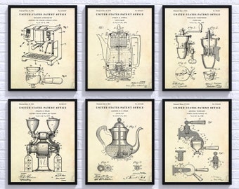 Coffee Making Wall Art, Coffee Lover Barista Gift, Espresso Machine Vintage Patent Poster, Cafe Kitchen Decor, Set Of 6 Prints