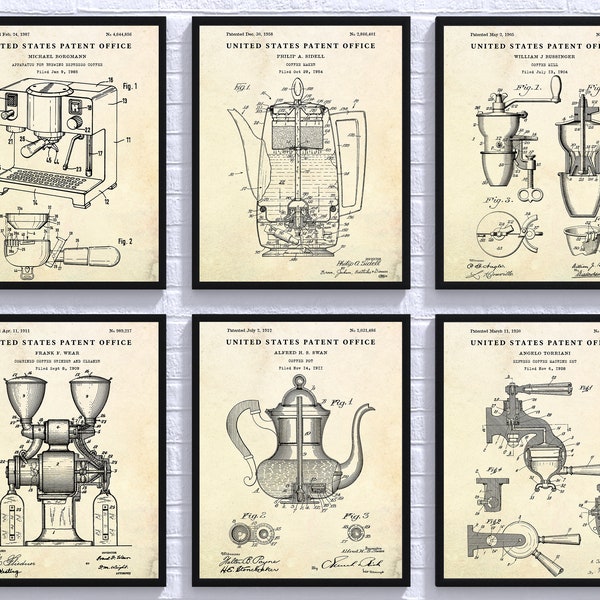 Arte da parete per la preparazione del caffè, regalo per barista amante del caffè, poster di brevetto vintage della macchina per caffè espresso, arredamento della cucina del caffè, set di 6 stampe