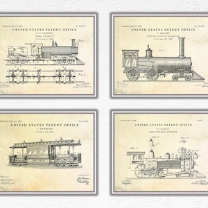 Stoomlocomotief patent kunst aan de muur, spoorweguitvindingen, poster spoorwegblauwdruk, stoomtrein, tram vintage decor, set van 4 prints