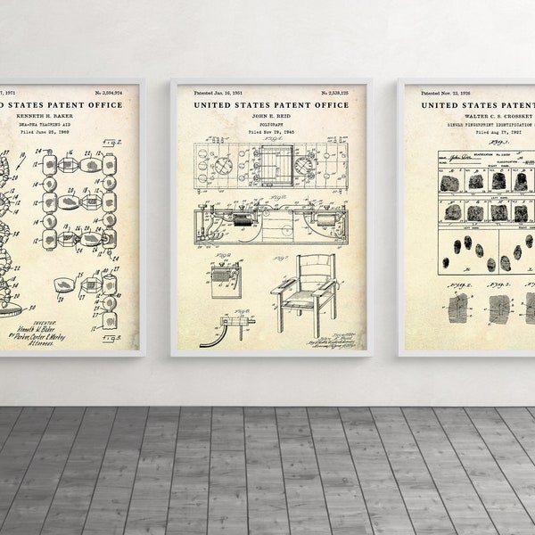 Forensics Decor: DNA RNA, Polygraph & Fingerprints Patent Posters, Vintage Wall Art, Invention Blueprint, Set Of 3 Prints