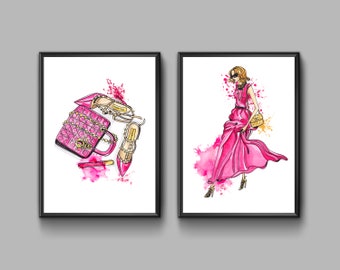 Art mural rose tendance, Fashion Girl, chaussures, affiche d'illustration de sac, lot de 2 impressions