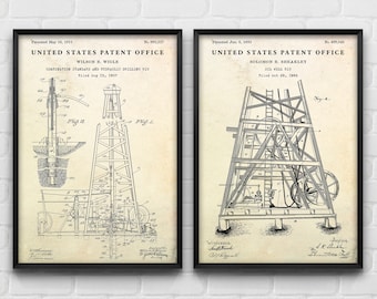 Oil Well Rig Patent Print Set, Vintage Blueprint Wall Art, Engineer Gift