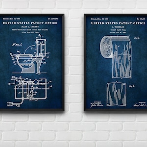Toilet Flush & Paper Patent Poster, Bathroom Blueprint Wall Art ...