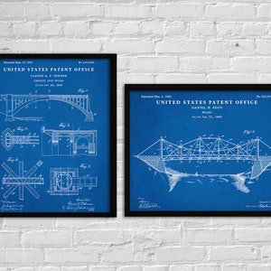 May include: Two framed prints featuring bridge blueprints from the United States Patent Office. The prints are in black frames, with white technical drawings on a blue background. One print shows a concrete arch bridge, and the other depicts a suspension bridge.