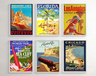 US Beach Resorts, Vintage Travel Posters, Coastal Wall Art, Seaside Decor, Set Of 6 Prints