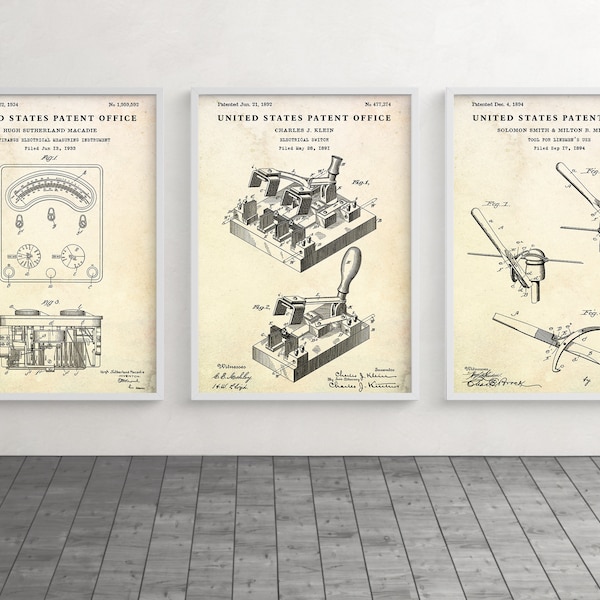 Electrician Gift: Electric Tools Patent Art, Powerline Technician Poster, Lineman Inventions, Electrical Engineer Wall Decor Set Of 3 Prints