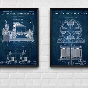 May include: Two vintage patent prints on a white brick wall. The left print is for an electrical generator by Thomas A. Edison, patented July 17, 1883. The right print is for an electric magnetic motor by Nikola Tesla, patented May 1, 1888.