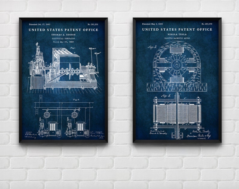 May include: Two vintage patent prints on a white brick wall. The left print is for an electrical generator by Thomas A. Edison, patented July 17, 1883. The right print is for an electric magnetic motor by Nikola Tesla, patented May 1, 1888.