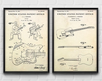 Póster de patente de guitarra, diseño de invención, regalo para guitarrista, decoración vintage para sala de música, juego de 2 láminas