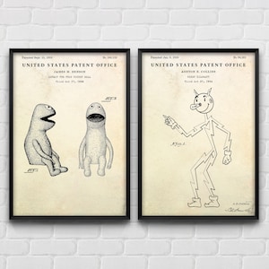 Puppet Frog & Reddy Kilowatt Vintage Patent Wall Art: Toys Inventions Blueprint Poster, Kids Room Decor, History Buff Gift, Set Of 2 Prints