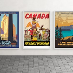 Arte mural de Canadá, carteles de viajes antiguos, decoración canadiense, juego de 3 impresiones
