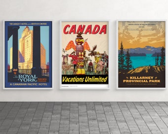 Canada Wall Art, Vintage Travel Posters, Canadian Decor, Set of 3 Prints