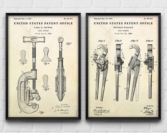 Pipe Wrench & Cutter Patent Print Set, Plumbing Blueprint Art