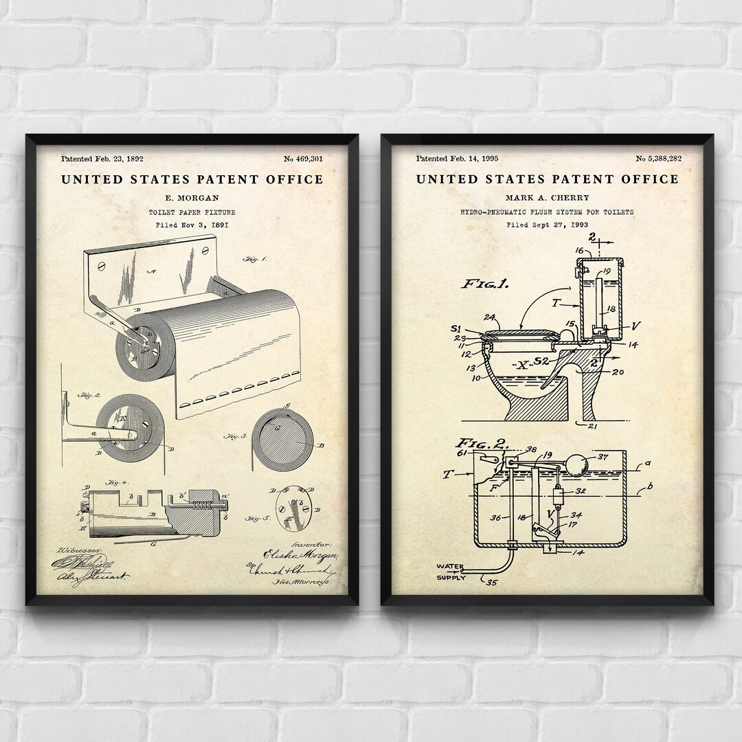 Bathroom Vintage Decor: Toilet Flush & Toilet Paper Patent Posters ...