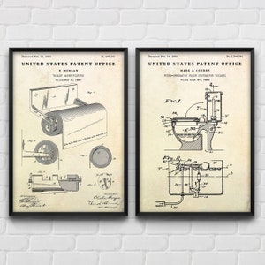 Badezimmer Vintage Deko: Toilettenspülung & Toilettenpapier Patent Poster Restroom, WC, Toilette Wand Kunst, 2er Set Drucke