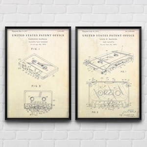 Cassettetape patent kunst aan de muur, poster audiocassette uitvinding blauwdruk, audiofiel cadeau, decor nerd geek, set van 2 prints