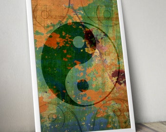 Yin Yang Painting Abstract Collage Wall Art Print, Oriental Poster, Feng Shui Asian Decor, Wrapped Canvas Ready to Hang