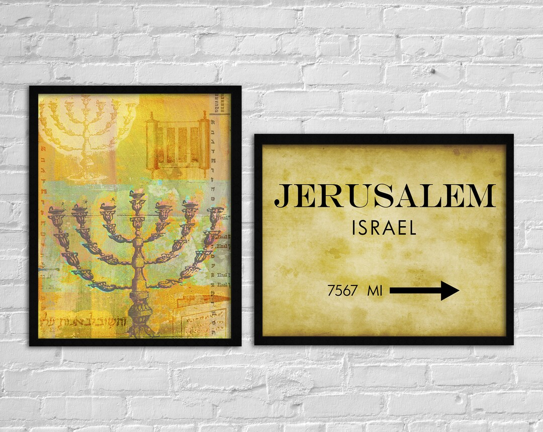 Jerusalem Israel Wall Art, Menorah Vintage Jewish Decor, Mileage Sign