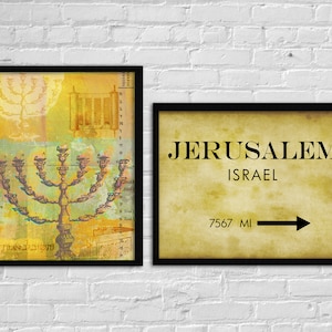 Arte murale di Gerusalemme Israele, decorazione ebraica vintage Menorah, cartello di chilometraggio, poster regalo di viaggio, set di 2 stampe