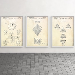DND Dice Patent Wall Art, RPG-bordspelposter, Dungeon Master, MTG-cadeau, D&D-decor, set van 3 prints
