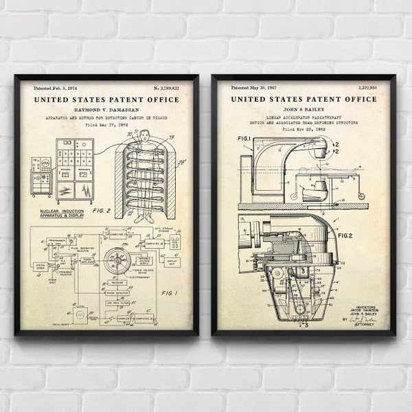 Cancer Detection & Therapy: MRI machine, LINAC Patent Posters, Diagnostics and Radiotherapy Oncology, Medical Wall Art, Set Of 2 Prints