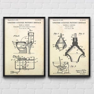 Toilet Plunger & Toilet Flush Patent Wall Art, Bathroom Poster, Lavatory Sign, Restroom Vintage WC Decor, Set Of 2 Prints
