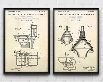 Toilet Plunger & Flush Patent Art Prints, Bathroom Decor Set