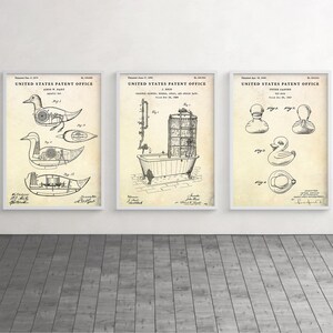 Bathroom Vintage Wall Art, Duck Toys & Bathtub Patent Posters, Retro Decor, Invention Blueprint, Bathtime Gift, Set Of 3 Prints