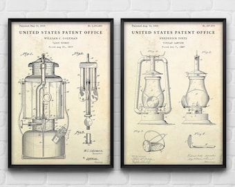 Lantern Patent Posters, Inventions Blueprint, Rustic Wall Art, Steampunk Decor, Camper Vintage Gift