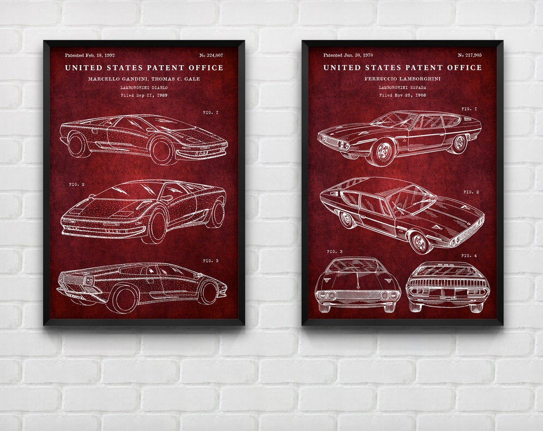 Sport Car Patent Art Prints, Supercar Blueprint Decor (set of 2