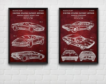 Sport Car Patent Art Prints, Supercar Blueprint Decor (Set of 2), Vintage Gift