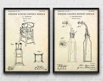 Nursery Patent Art Prints, Chair, Feeding Bottle Poster, Baby Room Decor