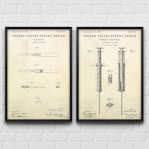 Surgical Knife & Syringe Patent Wall Art, Medical Inventions, Blueprint Poster, Hospital Doctor Office Decor, Set Of 2 Prints