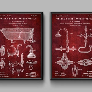 May include: Two vintage patent drawings on a red background. The first patent is for a detachable sprinkler for baths, patented May 15, 1894. The second patent is for a device for mixing hot and cold water for bathing, patented Nov 14, 1893.