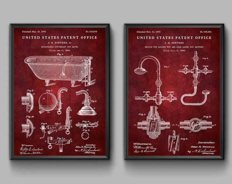 May include: Two vintage patent drawings on a red background. The first patent is for a detachable sprinkler for baths, patented May 15, 1894. The second patent is for a device for mixing hot and cold water for bathing, patented Nov 14, 1893.