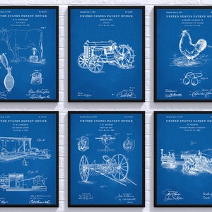 May include: A collage of six vintage blue patent drawings. The drawings depict a cow, a tractor, a rooster, a machine, a plow, and a wagon. Each drawing includes the text "United States Patent Office" and the date of the patent.