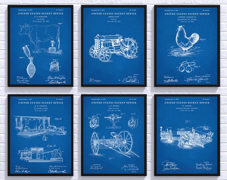 May include: A collage of six vintage blue patent drawings. The drawings depict a cow, a tractor, a rooster, a machine, a plow, and a wagon. Each drawing includes the text "United States Patent Office" and the date of the patent.