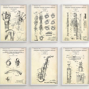 Blasinstrumente Patent Wandkunst, Musiker Geschenk, Musikinstrument Erfindungen Blueprint Poster, Jazz Band Vintage Dekor, 6er Set Drucke