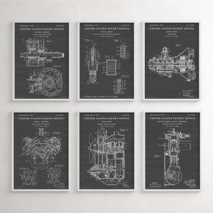 May include: Six framed patent prints featuring detailed technical drawings of engine components. Each print is a white line drawing on a dark gray background, with text indicating the United States Patent Office and patent information.