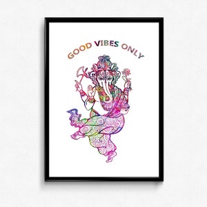 Good Vibes Only Wall Art, Lord Ganesha Watercolor Print, Yoga Room Decor Print. Cita positiva Póster