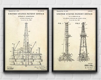 Oil Rig Patent Art Prints, Industrial Blueprint Decor, Set of 2
