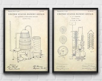 Whiskey Still Patent Wall Art, Alcohol Inventions Blueprint Poster, Moonshine Gift, Prohibition Decor Set Of 2 Prints