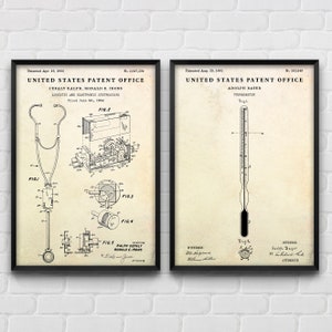 Therapist Wall Art: Thermometer & Stethoscope Patent Posters, Physician Gift, Doctor Office Decor, Medical Inventions, Set Of 2 Prints