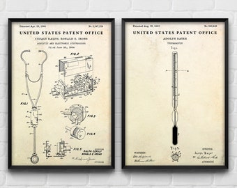 Stethoscope Thermometer Patent Prints, Medical Inventions Wall Art Set of 2