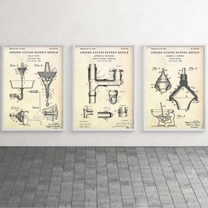 Plumbing Inventions Patent Wall Art, Blueprint Poster, Plumber Gift, Bathroom, Restroom, Toilet Vintage Decor, Set Of 3 Prints