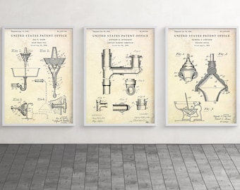 Plumbing Inventions Patent Art Prints, Restroom Blueprint Decor, Set of 3