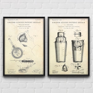 Cocktail Wandkunst: Sieb & Shaker Patent Poster, Mixgetränkerfindungen, Barkeeper Geschenk, Pub Bar Dekor, 2er-Set Prints