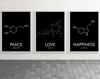 Peace, Love, Happiness Poster, Molecules Wall Art, Oxytocin, Dopamine, Serotonin, Chemistry Gift, Set of 3 Prints